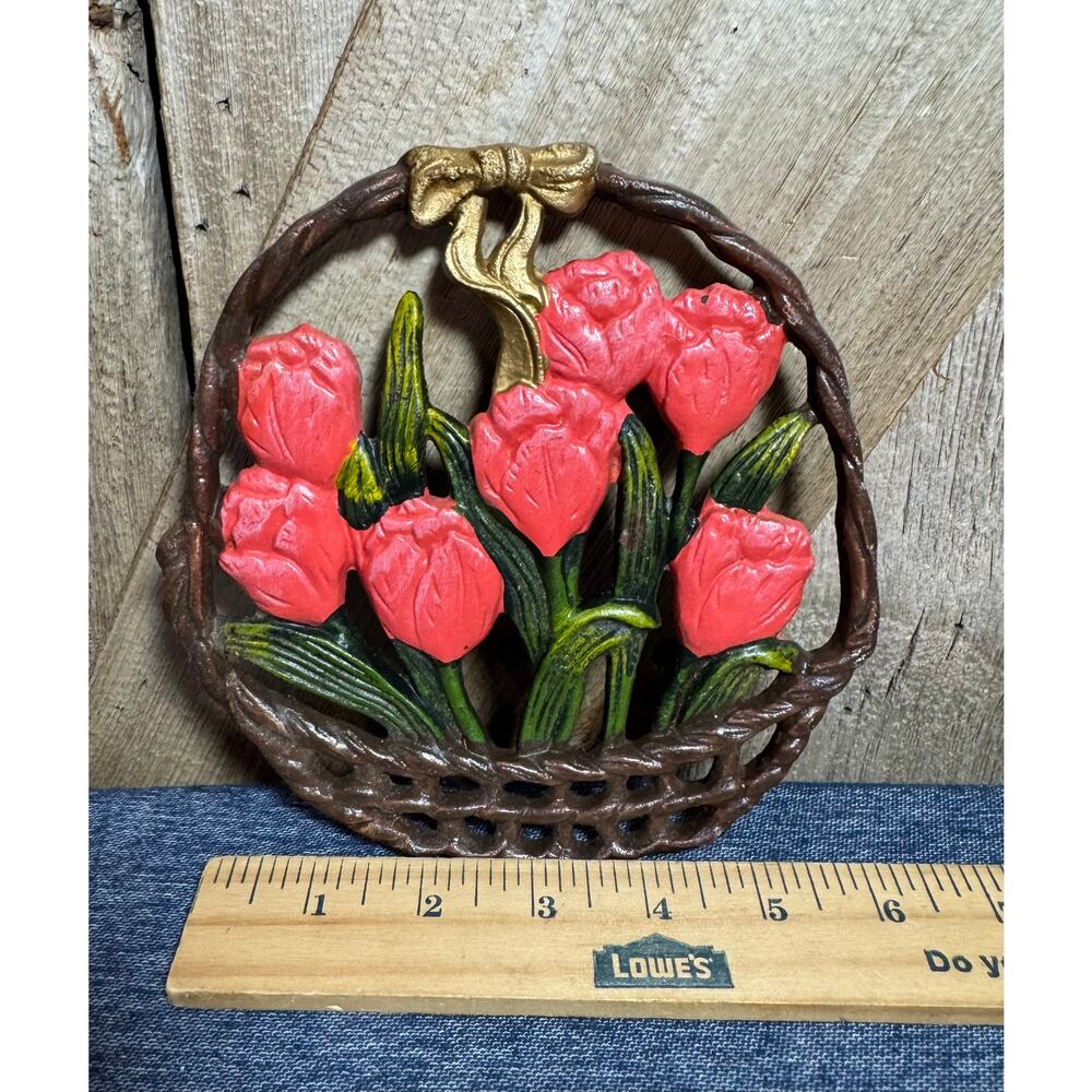 Vintage Cast Iron Floral Basket of Tulips Footed Trivet Wall Hanging Plaque - Picture 4 of 7